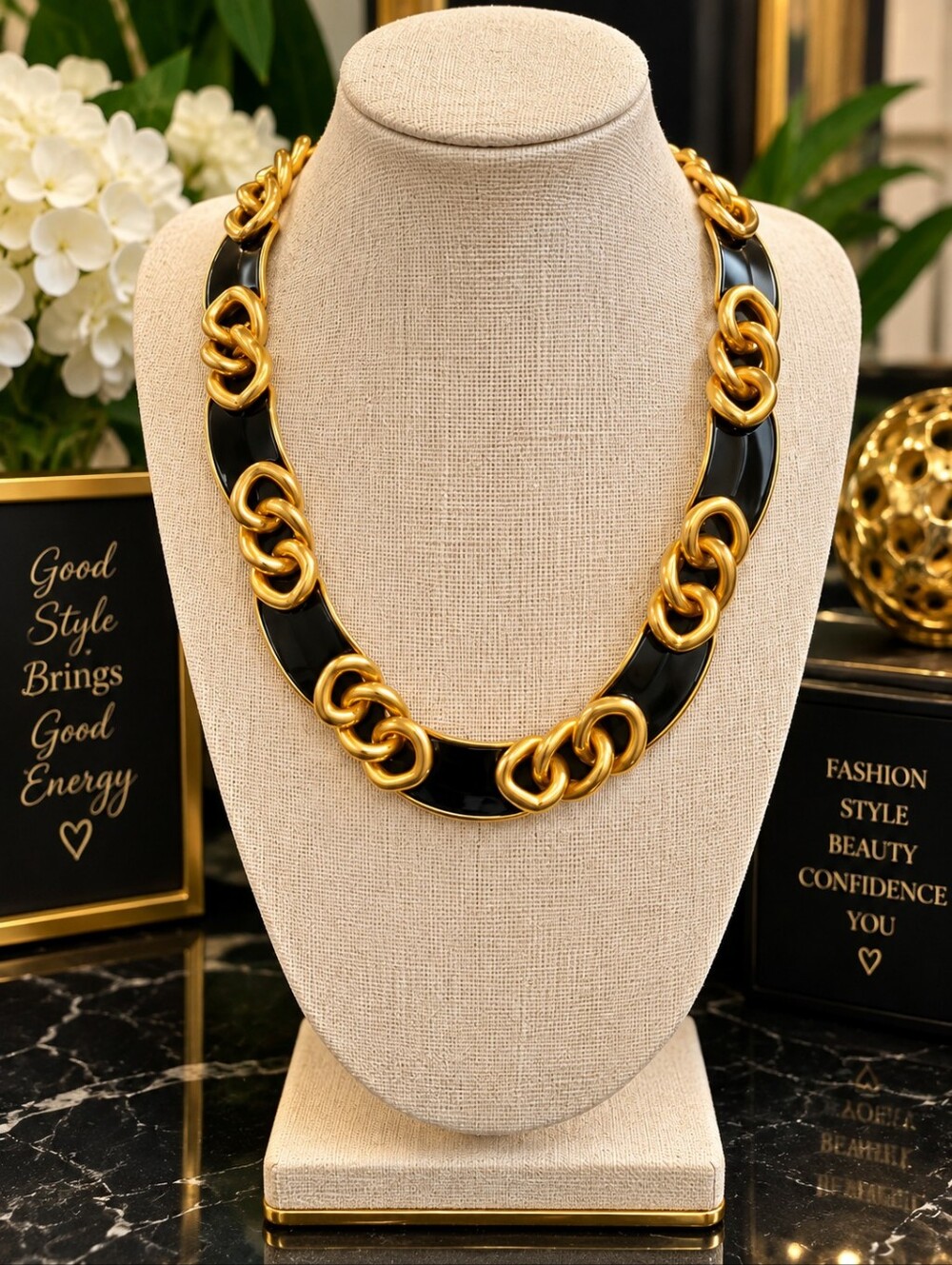Napier Vintage Black and Gold Chain Link Necklace